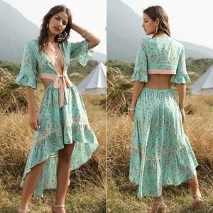 Boho Mint Cut out Butterfly Sleeve Midi Dress